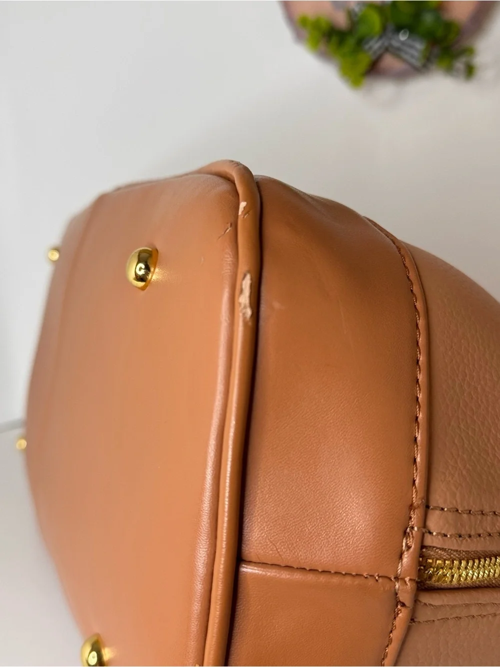 Joy & Iman Peach-Tan Dome Satchel with Gold Hardware